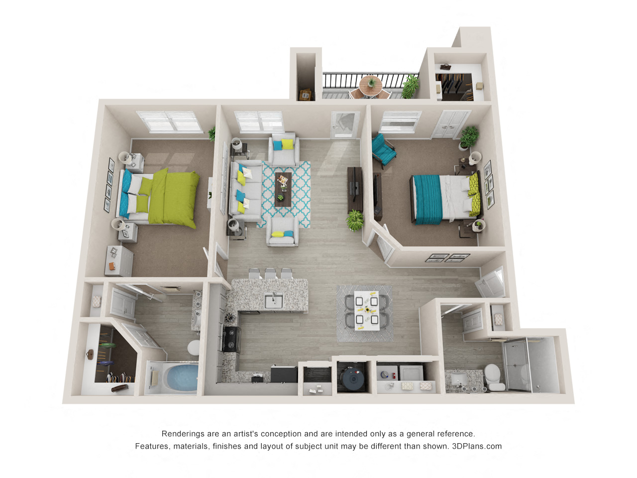 Floor plan for 2 beds, 2 baths, 1208 sqft
